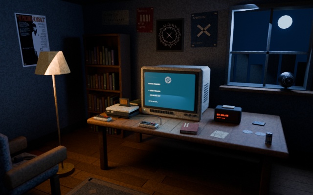 A nostalgic nighttime room with a CRT, console, posters, scattered books, headphones, shoes and a drop countdown alarm.